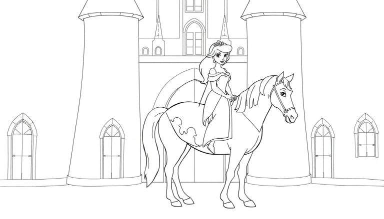 Un dessin au trait d'une princesse sur un cheval devant un château, pour une activité de coloriage.