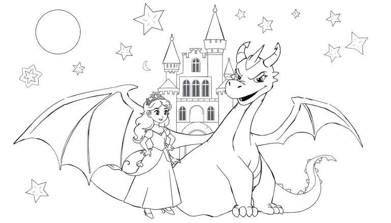 Princesse et dragon devant un château, dessin au trait pour coloriage.
