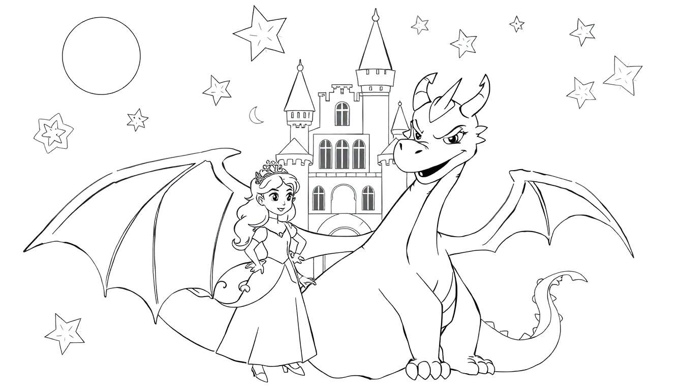 Princesse et dragon devant un château, dessin au trait pour coloriage.