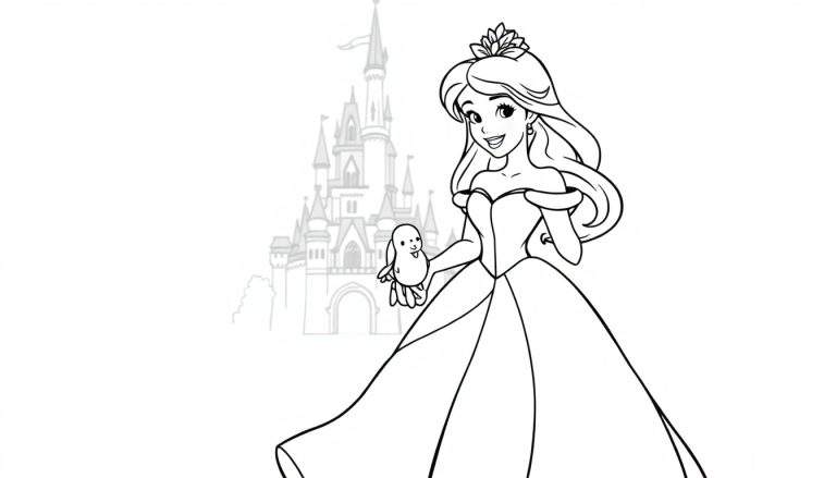 Dessin au trait d'une princesse de dessin animé tenant un oiseau avec un château en arrière-plan, prêt pour un coloriage.