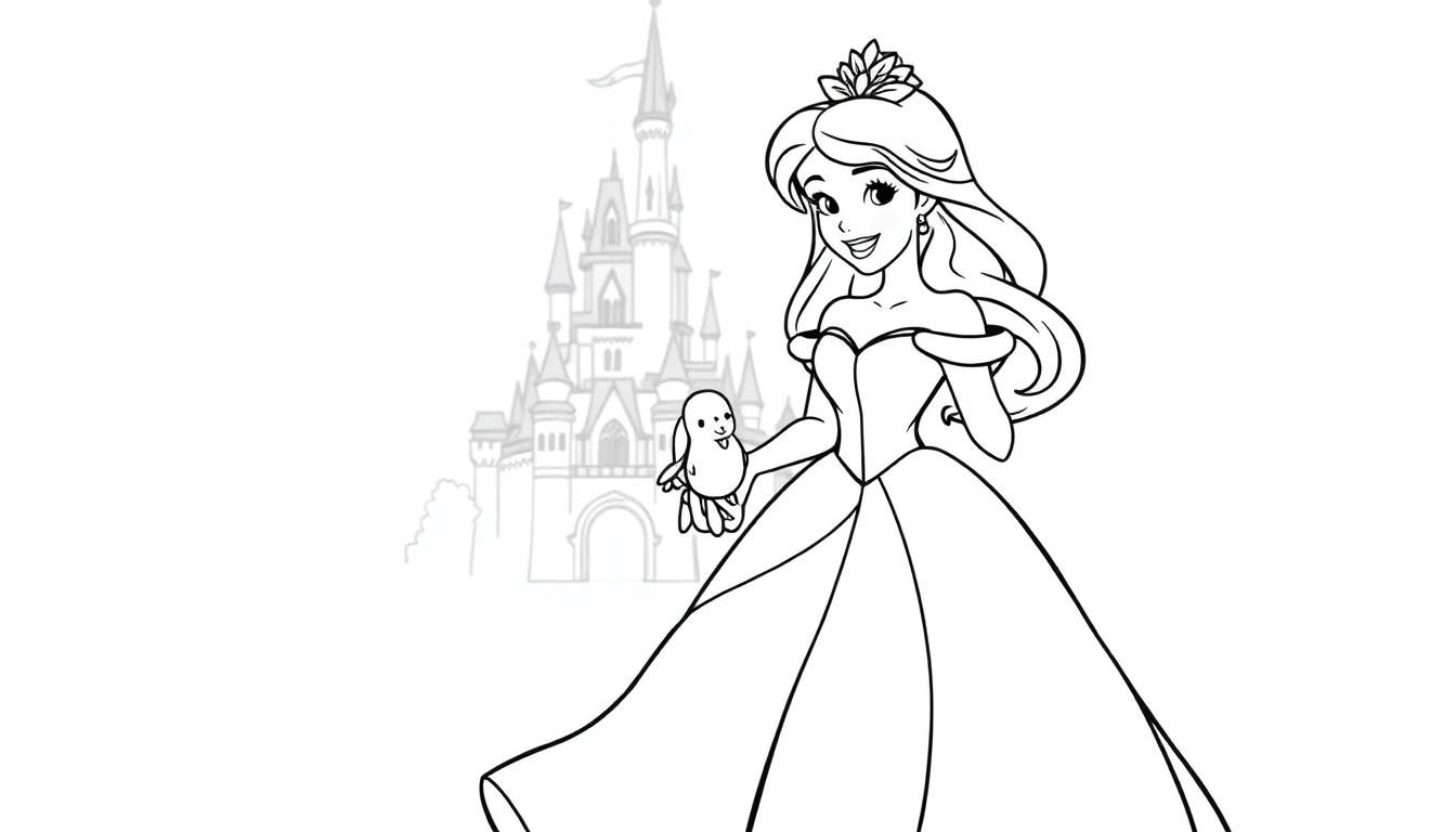 Dessin au trait d'une princesse de dessin animé tenant un oiseau avec un château en arrière-plan, prêt pour un coloriage.