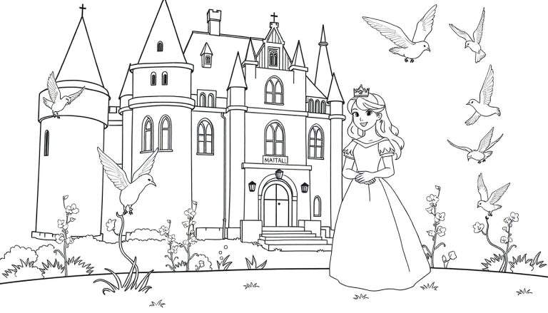 Dessin au trait d'une princesse souriante devant un château, entourée de colombes.