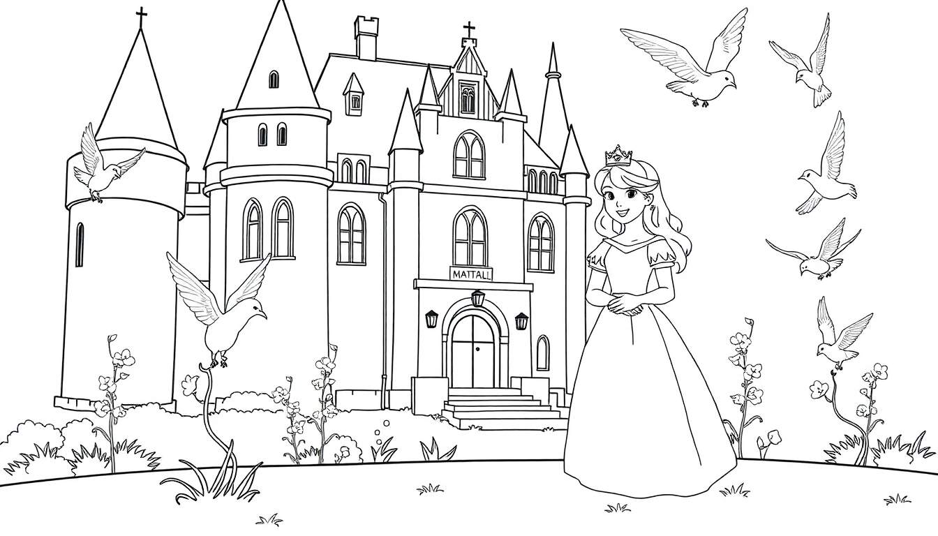 Dessin au trait d'une princesse souriante devant un château, entourée de colombes.