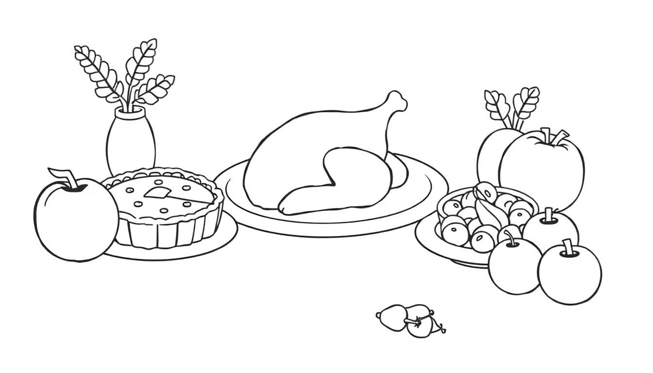 Dessin au trait d'un repas de Thanksgiving avec une dinde, une part de tarte, des fruits et des gourdes, prêt à être colorié.