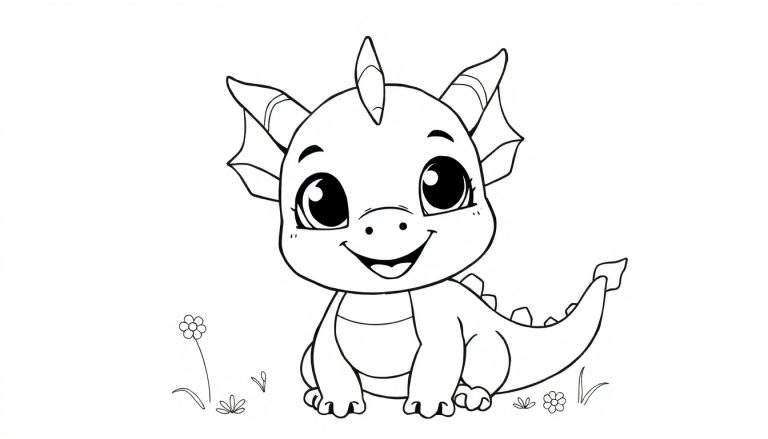 Bébé dragon joyeux assis dans l'herbe avec une fleur.