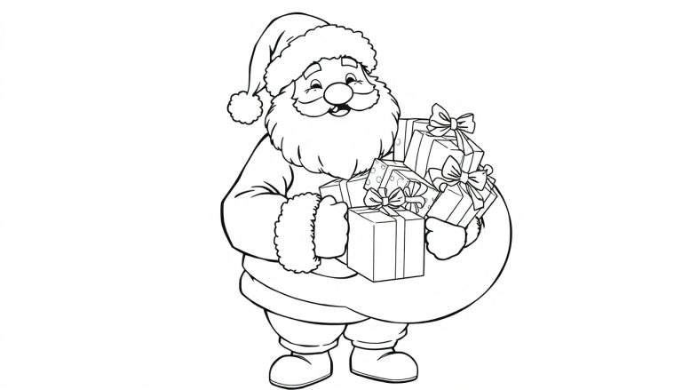 Dessin au trait du Père Noël avec une pile de cadeaux, prêt pour le coloriage.
