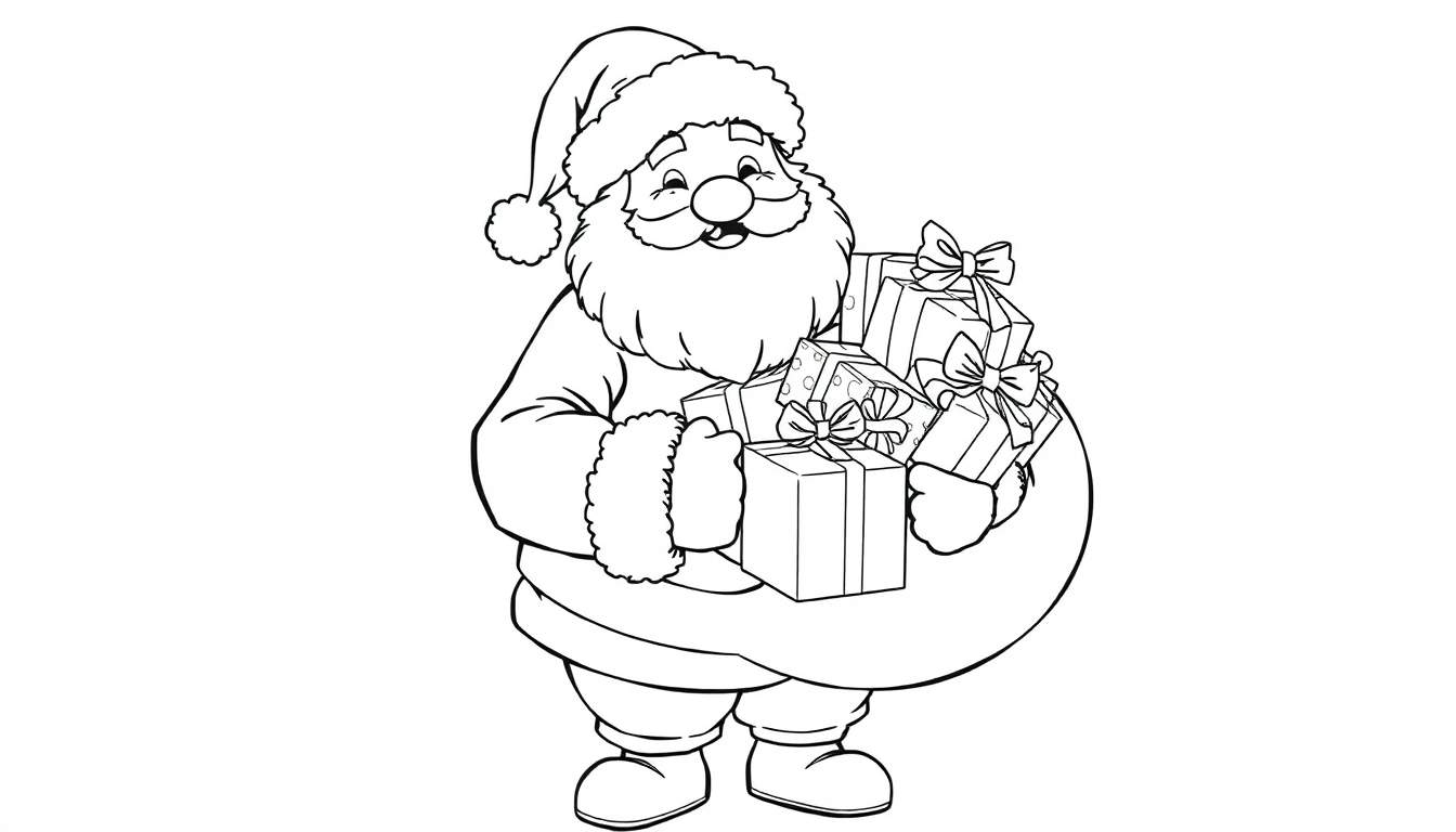 Dessin au trait du Père Noël avec une pile de cadeaux, prêt pour le coloriage.
