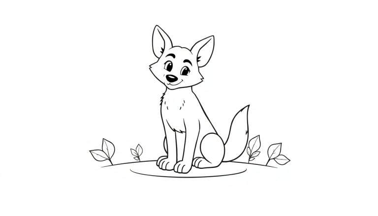 Dessin au trait d'un renard joyeux sur un petit monticule d'herbe, prêt à être coloré dans un color panel.
