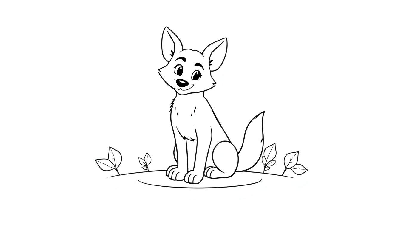 Dessin au trait d'un renard joyeux sur un petit monticule d'herbe, prêt à être coloré dans un color panel.