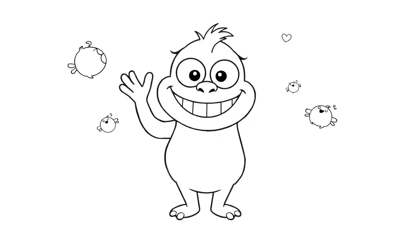 Un dessin au trait d'un gentil monstre bleu souriant, agitant la main, avec des petites créatures ailées et un cœur.