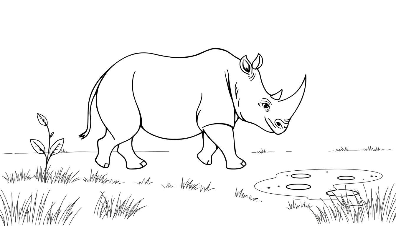 Un dessin au trait d'un rhinocéros dans une savane, avec de l'herbe et une mare.