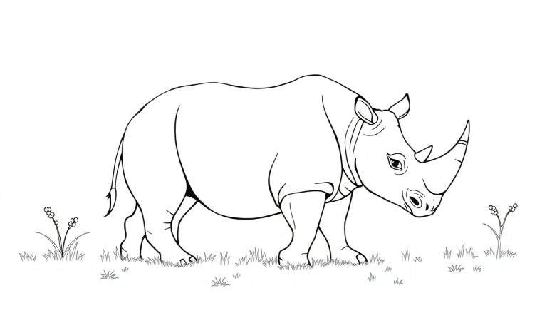 Un dessin au trait d'un rhinocéros dans l'herbe, prêt pour un color panel.