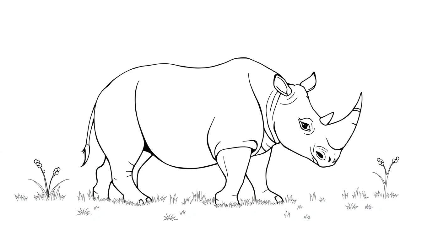 Un dessin au trait d'un rhinocéros dans l'herbe, prêt pour un color panel.
