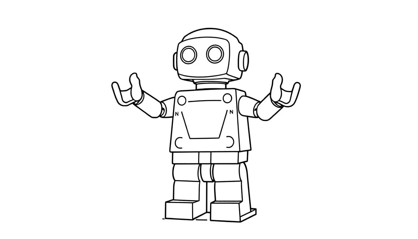 Robot noir et blanc de style dessin animé avec des bras tendus, prêt à être colorisé.