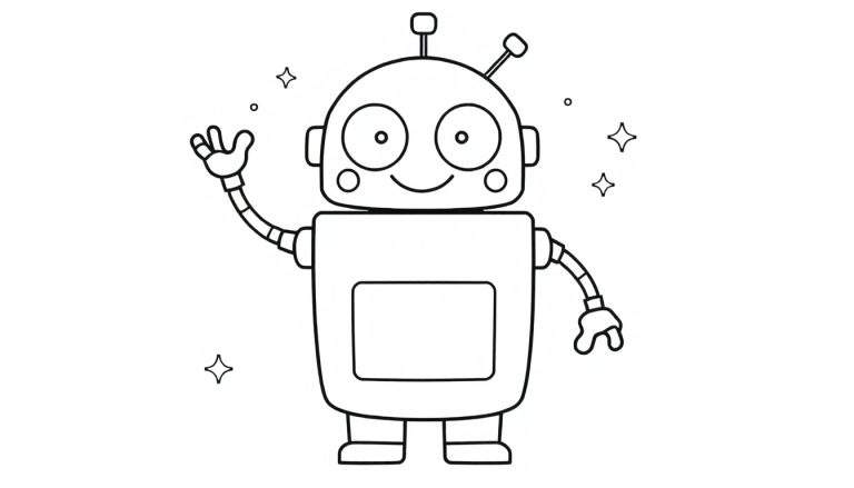 Un robot amical de formes géométriques colorées, parfait pour une page de coloriage noir et blanc.