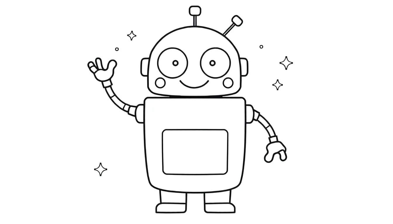 Un robot amical de formes géométriques colorées, parfait pour une page de coloriage noir et blanc.