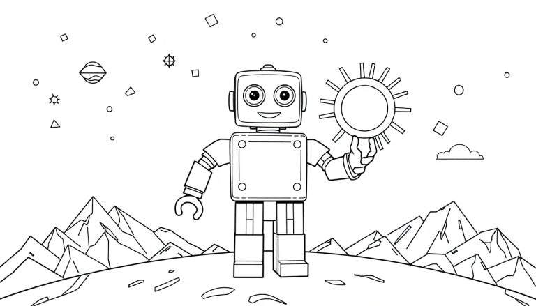 Dessin d'un robot de style jouet tenant un soleil, avec des montagnes et des formes géométriques dans le ciel, comme un panneau de coloriage.