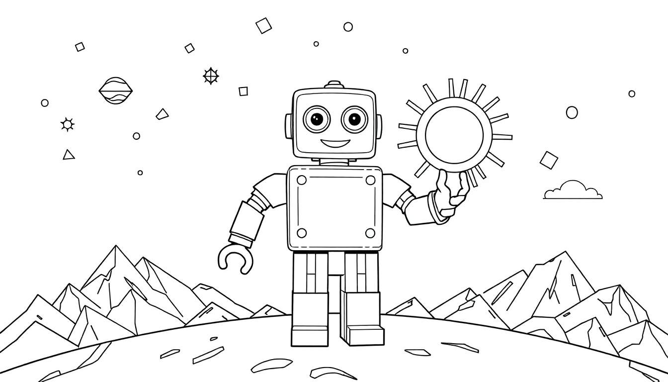 Dessin d'un robot de style jouet tenant un soleil, avec des montagnes et des formes géométriques dans le ciel, comme un panneau de coloriage.