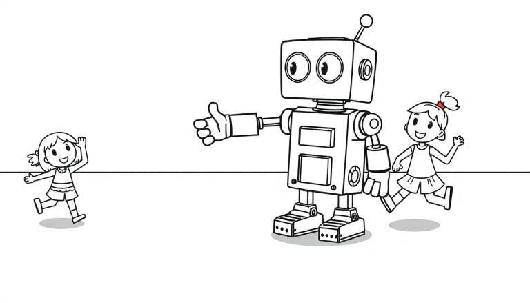 Robot amical aidant les enfants à traverser la rue en toute sécurité, page à colorier noir et blanc.