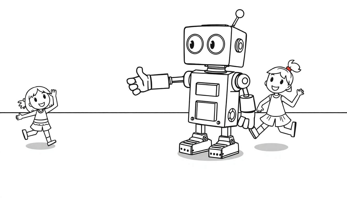 Robot amical aidant les enfants à traverser la rue en toute sécurité, page à colorier noir et blanc.