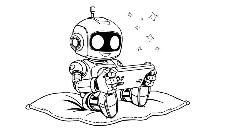 Un petit robot noir et blanc avec de grands yeux souriant, assis sur un oreiller et tenant une tablette.