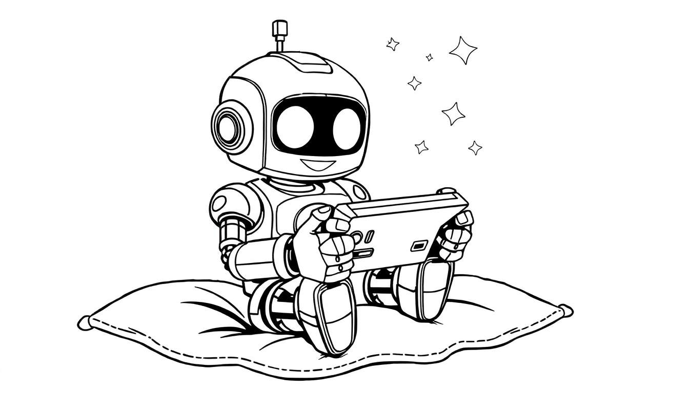 Un petit robot noir et blanc avec de grands yeux souriant, assis sur un oreiller et tenant une tablette.