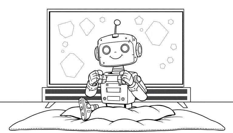 Un petit robot assis confortablement sur un coussin devant une télévision, une antenne sur sa tête et un sourire joyeux.