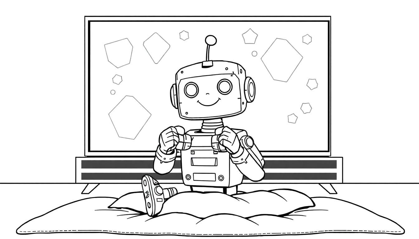 Un petit robot assis confortablement sur un coussin devant une télévision, une antenne sur sa tête et un sourire joyeux.