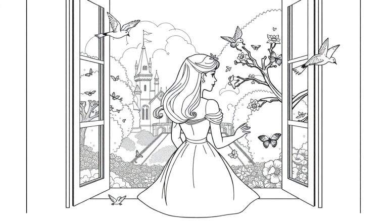Une princesse dessinée au trait, dos à nous, regarde par une fenêtre ouverte vers un paysage de château et d'oiseaux, destinée à un color panel.