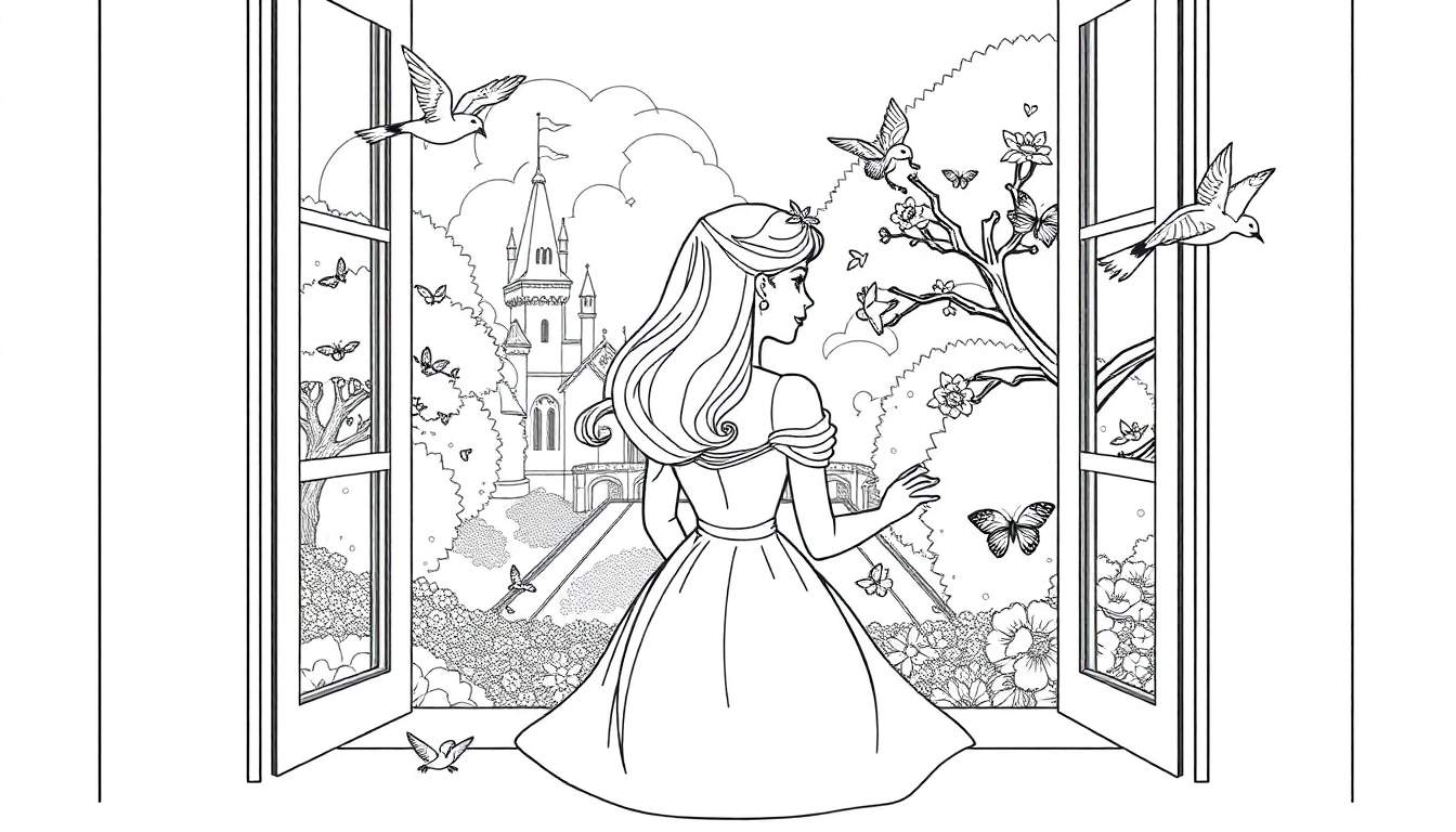 Une princesse dessinée au trait, dos à nous, regarde par une fenêtre ouverte vers un paysage de château et d'oiseaux, destinée à un color panel.