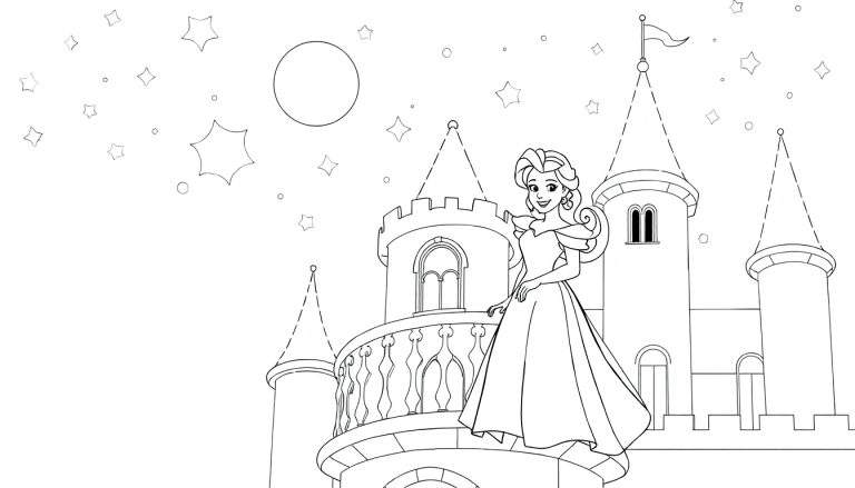Princesse Disney souriante sur un balcon de château la nuit avec des étoiles et la lune dans un color panel.