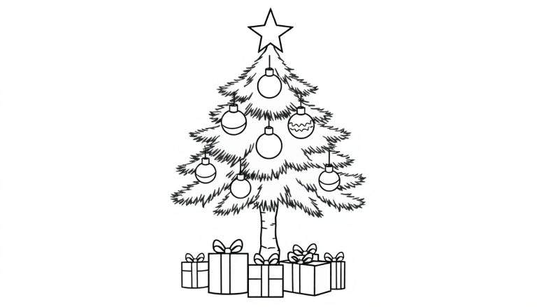 Un sapin de Noël noir et blanc prêt à être coloré, avec des cadeaux à ses pieds.