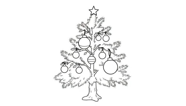 Un sapin de Noël simple dessiné au trait avec des boules et une étoile, prêt pour le color panel.