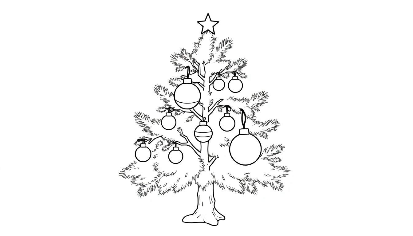Un sapin de Noël simple dessiné au trait avec des boules et une étoile, prêt pour le color panel.