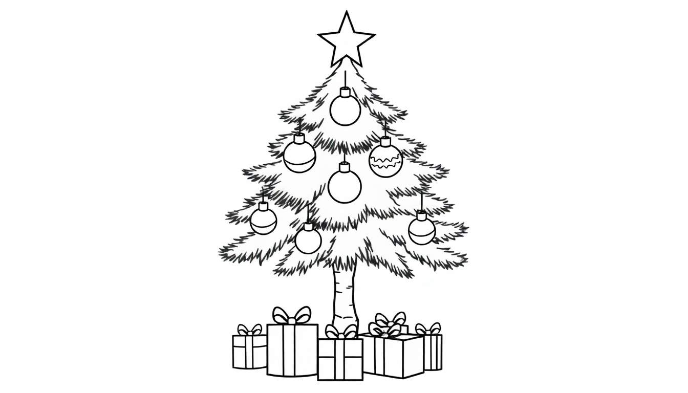 Un sapin de Noël noir et blanc prêt à être coloré, avec des cadeaux à ses pieds.