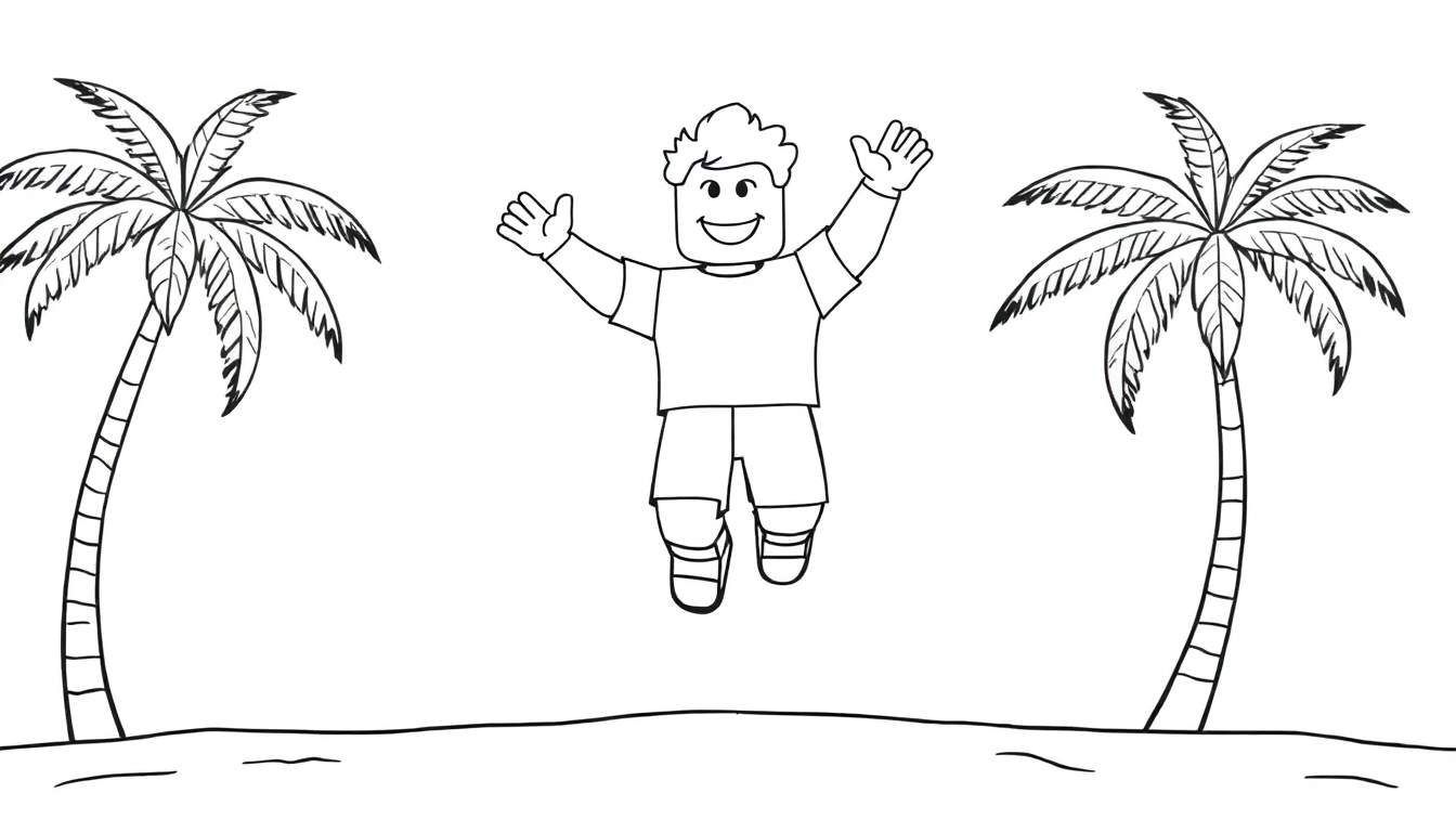 Un avatar Roblox souriant avec une tête carrée saute joyeusement sous des palmiers, sur un fond de plage, avec des éléments de color panel.
