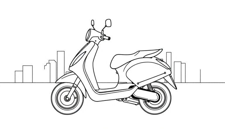 Dessin au trait d'un scooter électrique moderne avec un arrière-plan urbain stylisé.