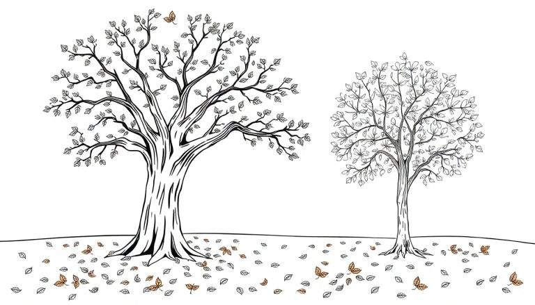 Deux arbres d'automne avec des feuilles sur le sol.