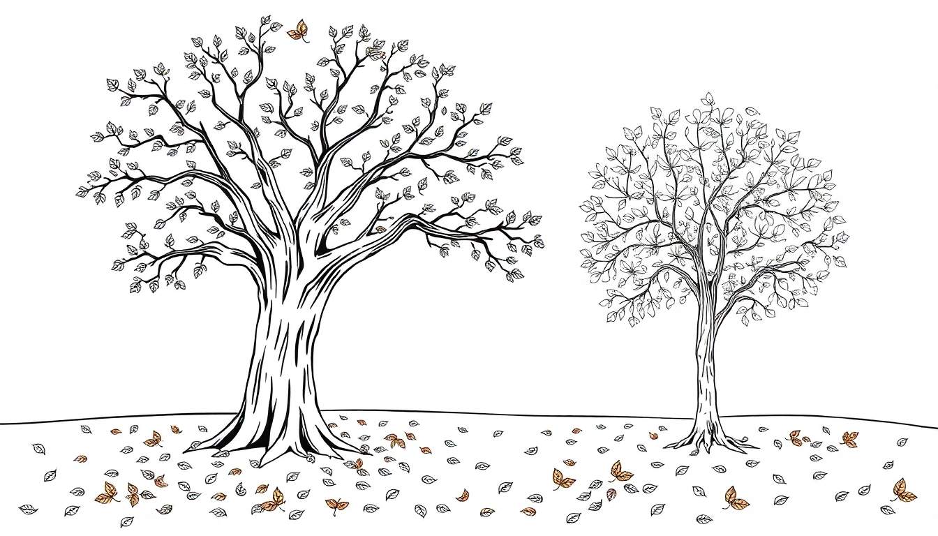 Deux arbres d'automne avec des feuilles sur le sol.