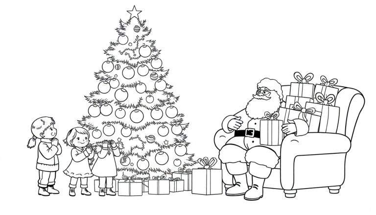 Dessin au trait d'une famille profitant de Noël, avec des enfants regardant un sapin décoré et le Père Noël souriant.