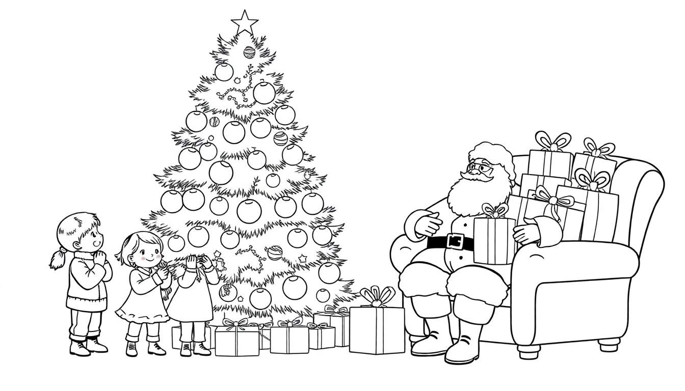Dessin au trait d'une famille profitant de Noël, avec des enfants regardant un sapin décoré et le Père Noël souriant.