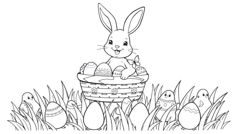 Dessin au trait noir et blanc d'un lapin assis avec un panier d'œufs de Pâques, entouré d'herbe et de poussins.