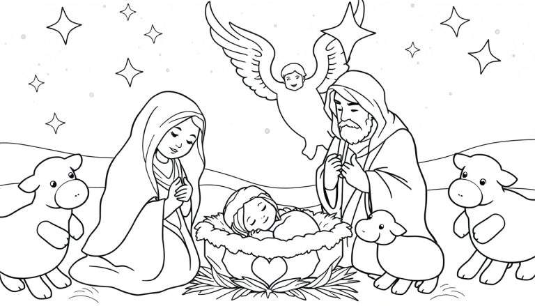 Color panel de la scène de la crèche avec l'enfant Jésus, Marie, Joseph et un ange.