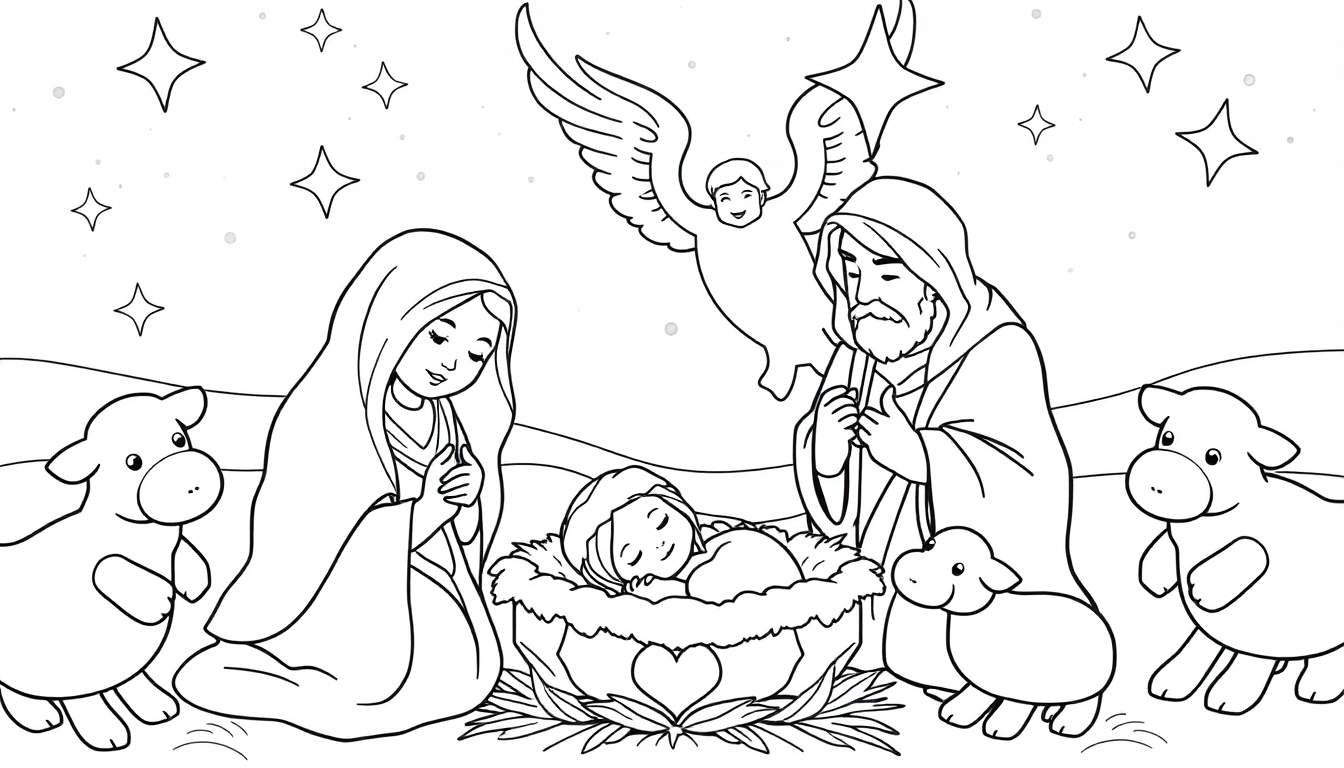 Color panel de la scène de la crèche avec l'enfant Jésus, Marie, Joseph et un ange.