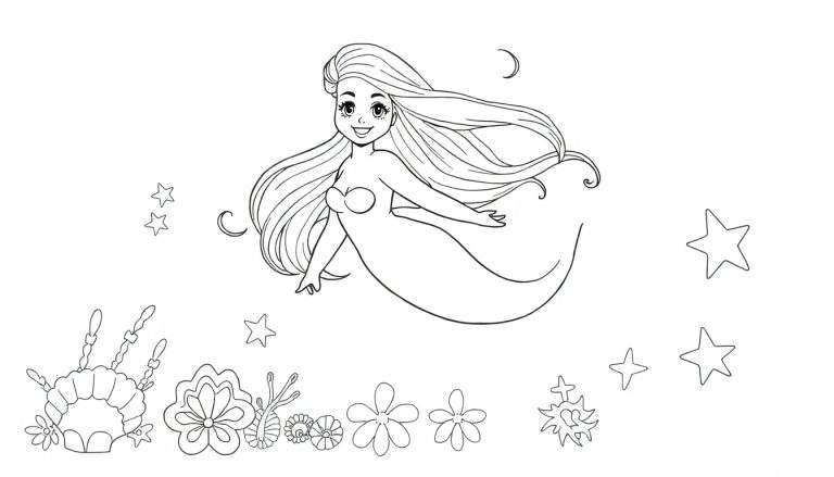 Dessin au trait d'une sirène souriante dans un color panel.