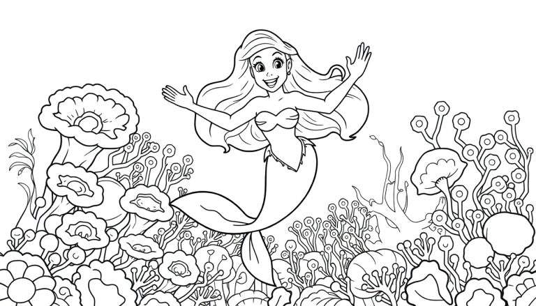Dessin au trait d'une sirène souriante dans un jardin sous-marin, page de coloriage.