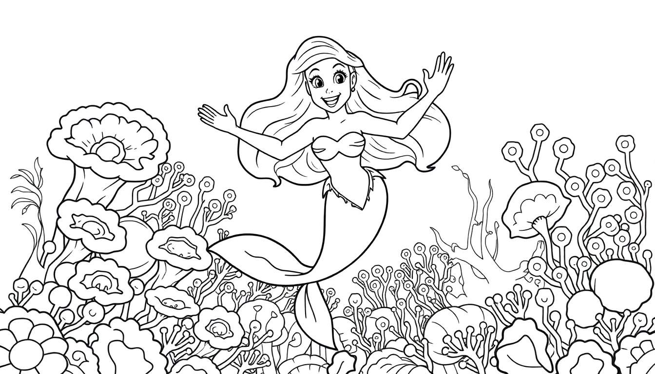 Dessin au trait d'une sirène souriante dans un jardin sous-marin, page de coloriage.