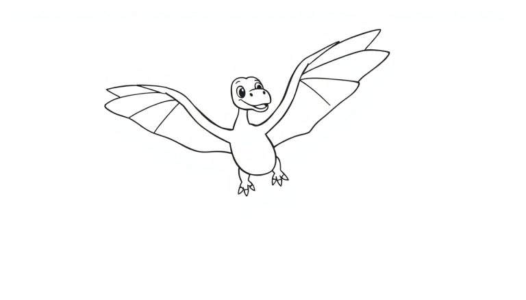Color panel drawing of a smiling cartoon Pterodactyl with wings spread, facing forward.