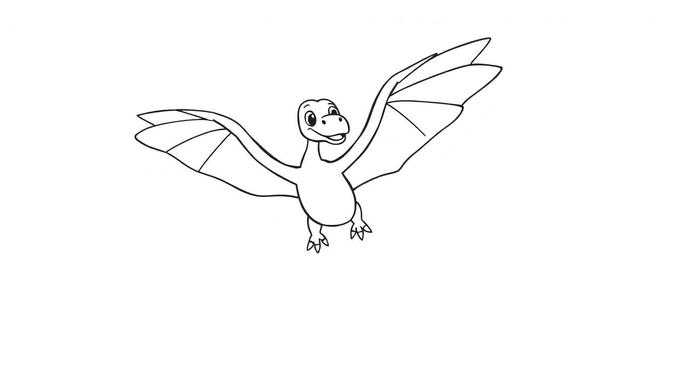 Color panel drawing of a smiling cartoon Pterodactyl with wings spread, facing forward.