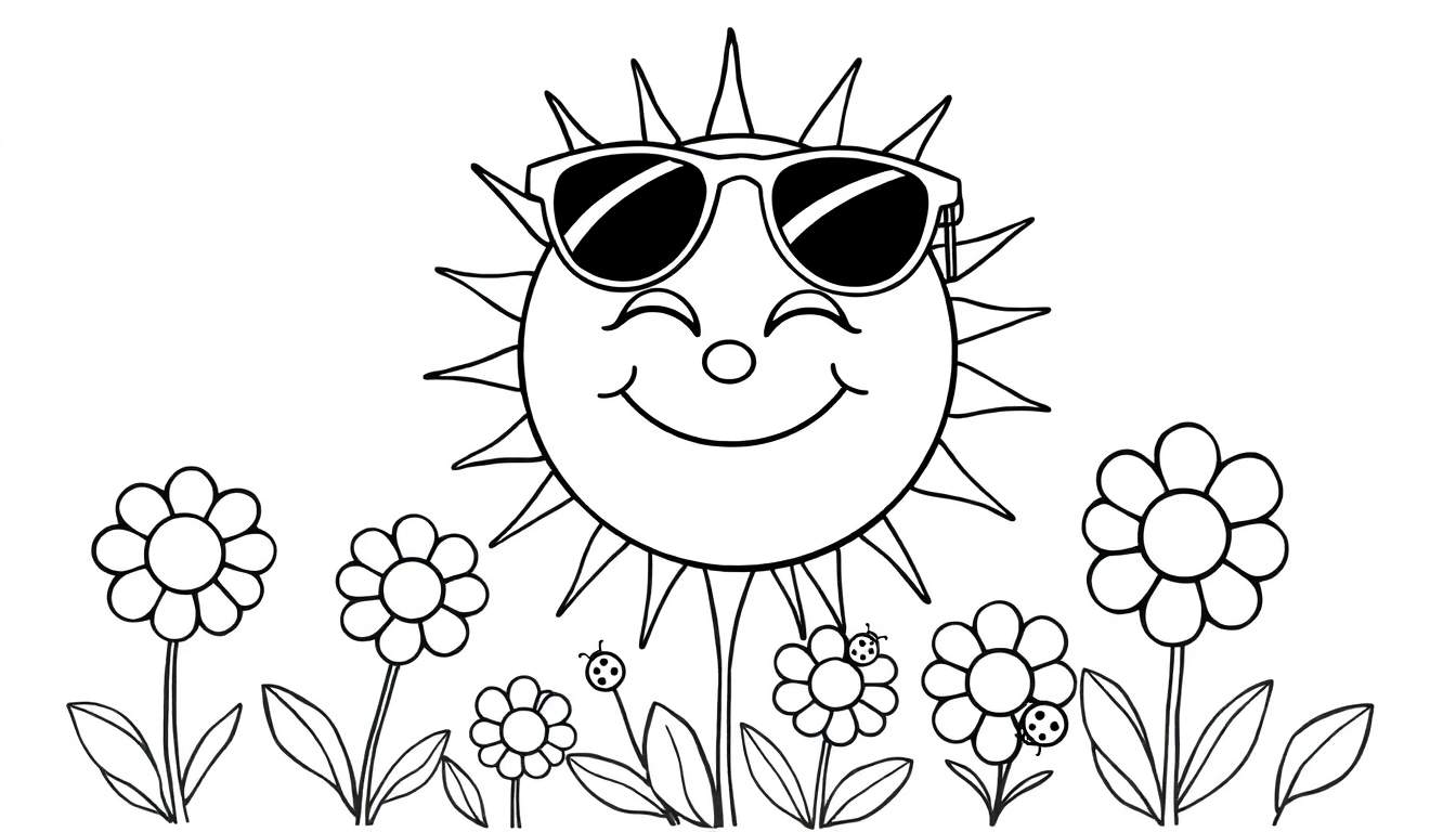 Un dessin au trait noir et blanc d'un soleil souriant avec des lunettes de soleil, entouré de fleurs, faisant partie d'un panneau de coloriage.
